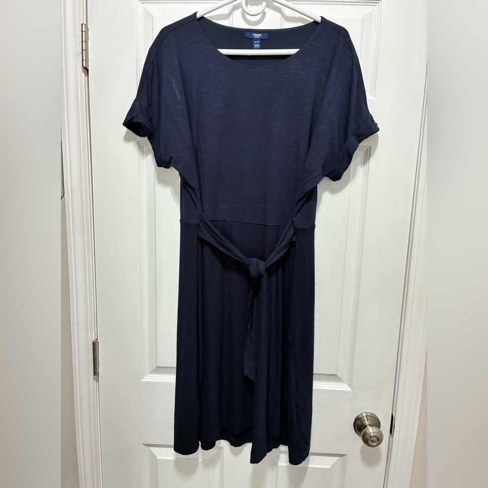 Chaps Navy Blue Midi Faux Wrap Skirt Dress with Tie Waist Crewneck short sleeves